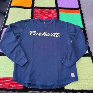 Y2K Carhartt Heavyweight Script Long Sleeve Waffle Navy Mens Medium